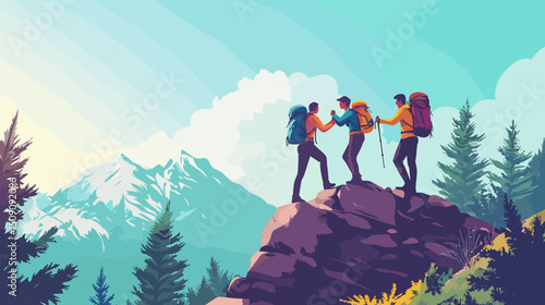 Group of hikers reaching the mountain summit with teamwork and adventure spirit