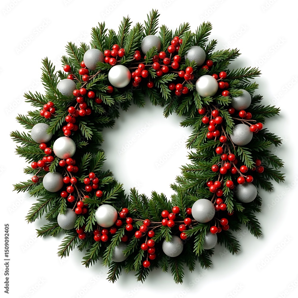 Christmas Wreath with Silver Ornaments and Red Berries background Christmas Wreath with Silver Ornaments and Red Berries background