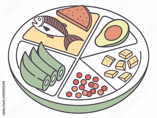 Flat vector: a plate with a balance of proteins, fats and carbohydrates (vegetables, fish, cereals)