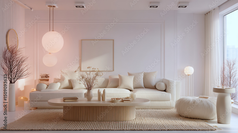 Fototapeta premium modern style living room featuring light color palette, cozy sofa, and decorative elements. space is bright and airy, perfect for relaxation and comfort
