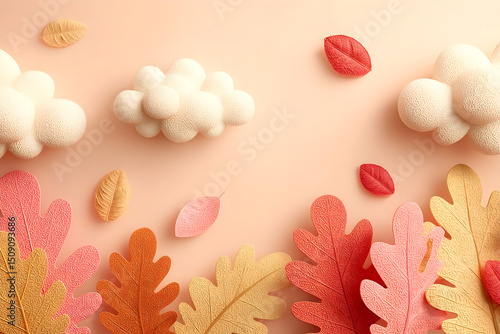 Autumn background with textured paper-style leaves and soft 3d clouds on a warm pastel backdrop creating a cozy seasonal mood