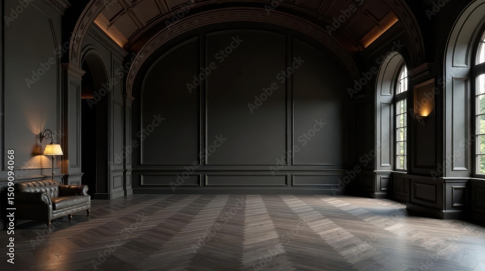 Obraz premium Dark Elegance A Luxurious Interior with Herringbone Flooring and Classic Architectural Details