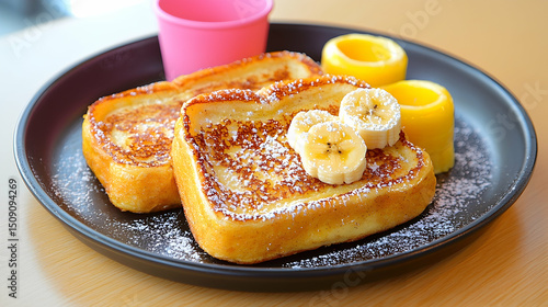 Golden French Toast with Banana Slices and Powdered Sugar on Dark Plate