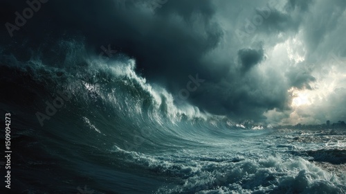 Immense Tsunami Wave Approaching Under a Dramatic Stormy Sky