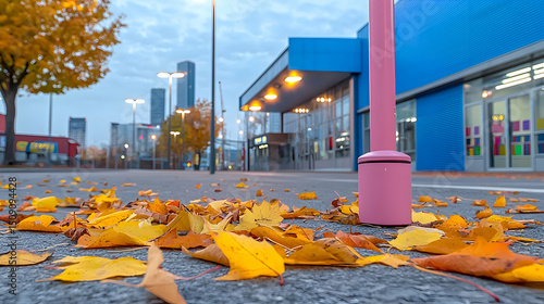 Yellow Autumn Leaves on City Street with Modern Buildings