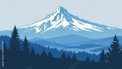 Majestic Mount Hood, Oregon: Blue Landscape Illustration