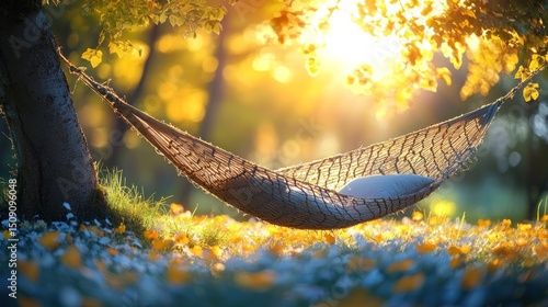 Golden sunlight streams through trees onto a hammock