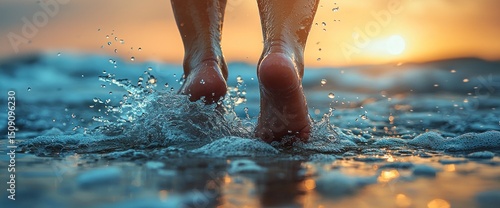 Bare feet splashing in shallow water at sunset