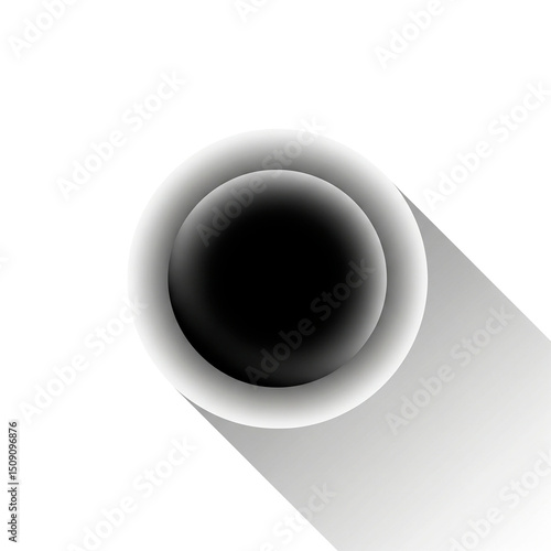 Abstract black circle with white outlines and long shadow on transparent background.
