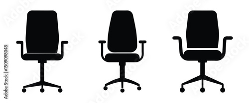 Stylish office chair icon set featuring ergonomic designs in black and white colors for modern workspace aesthetics.