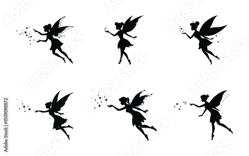 Collection of fairy silhouettes blowing soap bubbles, whimsical fantasy vector design on white background.