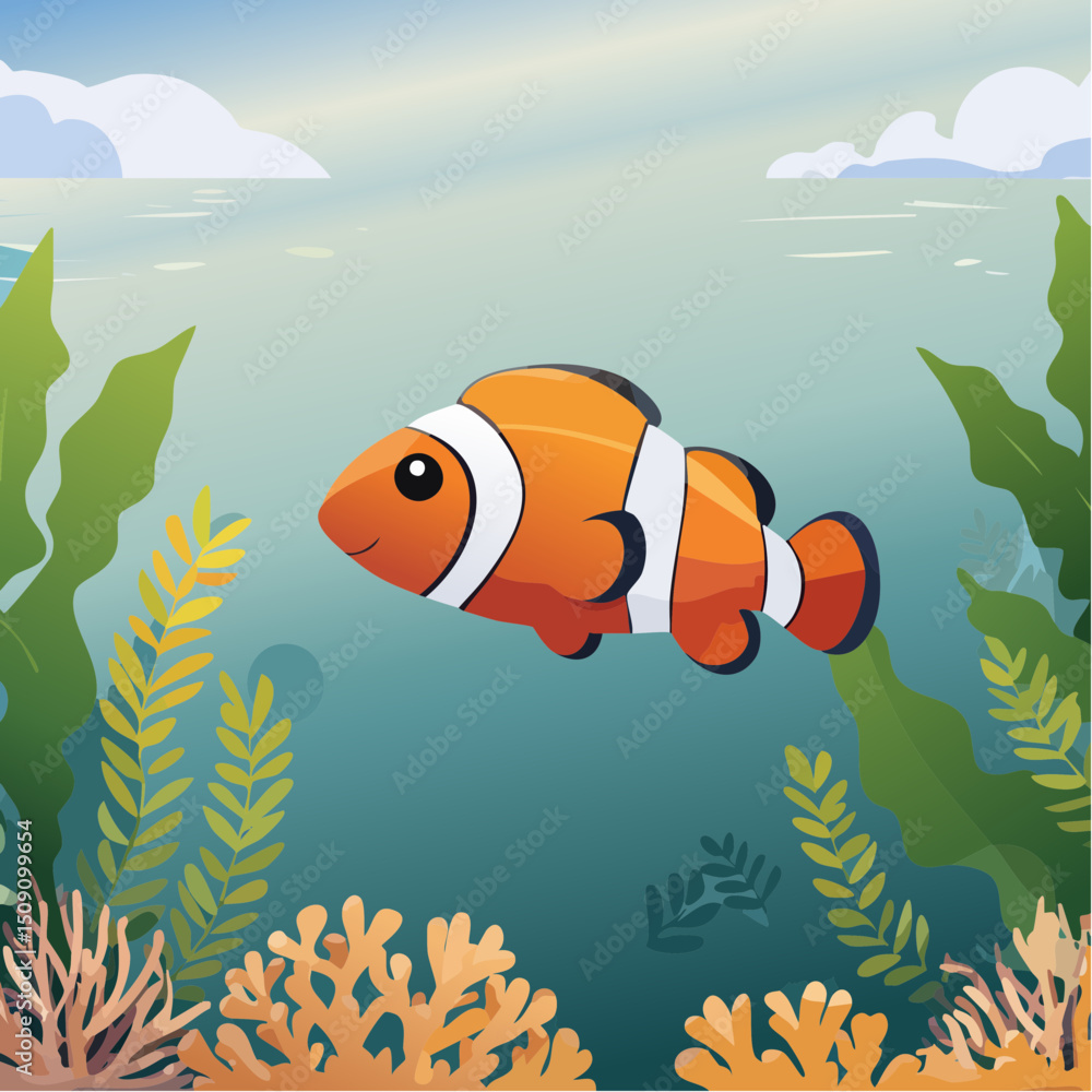 Naklejka premium A vibrant tropical fish swims through turquoise ocean waters, surrounded by colorful plants as sunlight beams from above, creating a tranquil, serene underwater paradise.