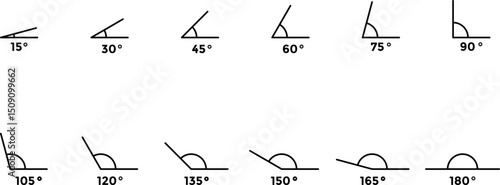 Angle icons set. 15, 30, 35, 45, 60, 75, 90, 105, 120, 135, 150, 165, 180 degree. Trigonometry templates. Geometric symbol. mathematical elements. Educational school geometry learning materials
