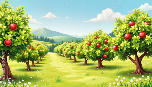 An illustration of a lush apple orchard with trees bearing red apples under a blue sky