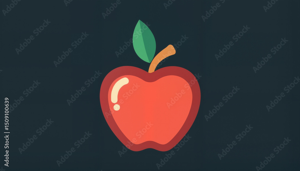 Fototapeta premium Red apple with green leaf in flat design on dark background 