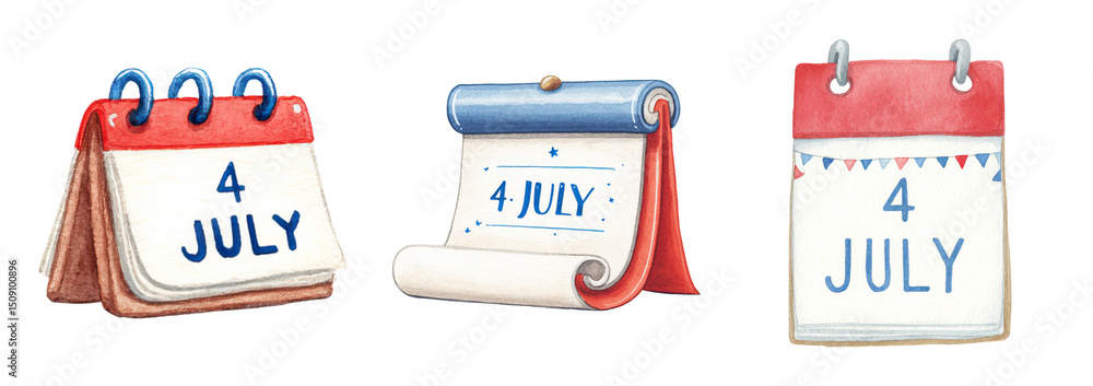 Fototapeta premium Patriotic watercolor concept of July 4 calendar pages in red white and blue style