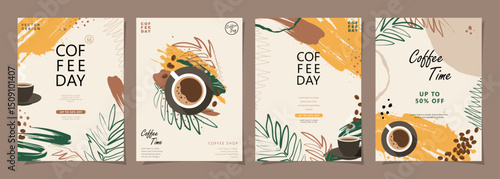 Set of sketch banners with coffee beans and palm leaves on simple background for invitations, cards, banner, poster, cover, coffee shop menu or another template design. Vector illustration.