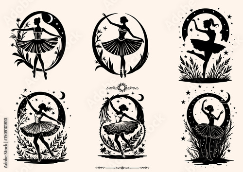 Ballerinas Vector Illustration. Dancers. Black And White.