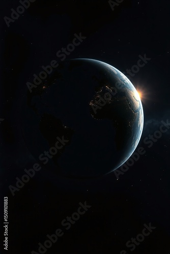 Planet Earth from space at night with glowing city lights and clear atmosphere