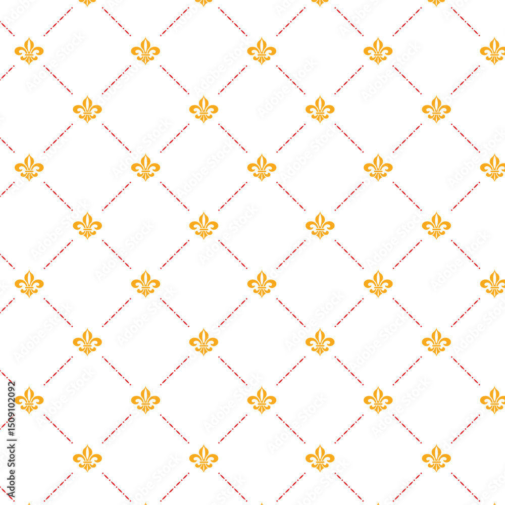 Naklejka premium A seamless repeating pattern featuring the classic fleur-de-lis symbol in golden yellow with red dashed diagonal lines forming a diamond grid. Perfect for textiles, wallpapers.