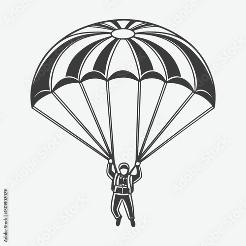 Parachutist with Open Parachute, Vintage Style Illustration.