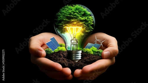 Hands holding light bulb with a tree inside, growing from soil, surronded by solar panels and wind turbines as symbols of renewable energy and sustainability