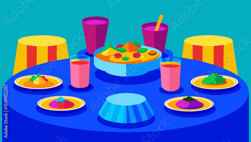 A colorful table set with bright blue plates and matching glasses adorned with overflowing portions of savory ropa vieja.. Vector illustration