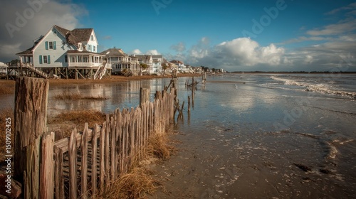 Rustic wooden fence by the water's edge with houses in the background.
