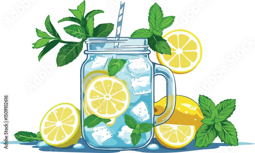 Fresh lemonade with ice and mint in jar summer vector style