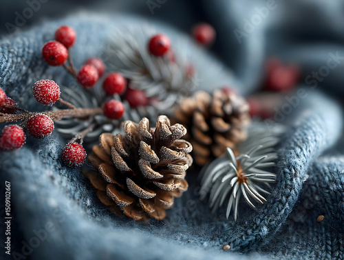 Frosted pine cones and red berries on a cozy blue knitted fabric creating a warm rustic winter holiday composition. Close-up