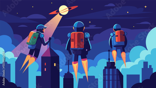 A group of travelers ascend into the night sky in a singleperson jetpack gazing out at the city lights below as they navigate through the bustling air traffic.. Vector illustration