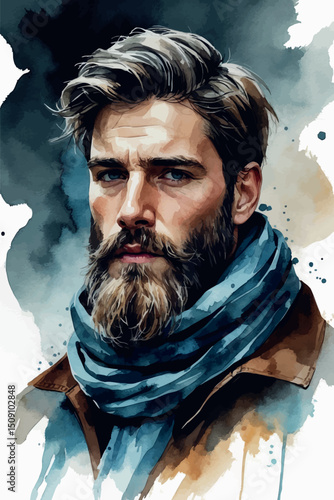 Moody watercolor portrait vector of bearded man in scarf