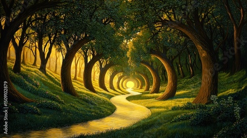 A winding path through a sunlit forest of arched trees.