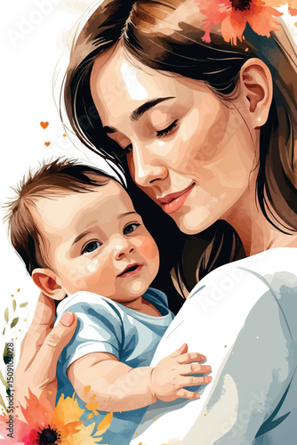 Mother and baby portrait in soft watercolor vector style
