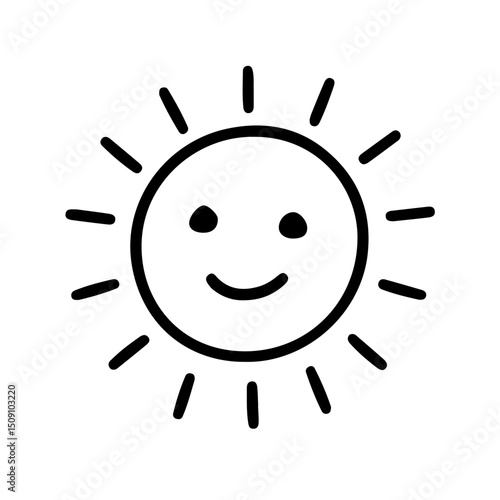 Smiling sun icon vector illustration, perfect for cheerful design themes, children’s projects, and positive energy concepts. Editable line drawing for versatile summer graphics.