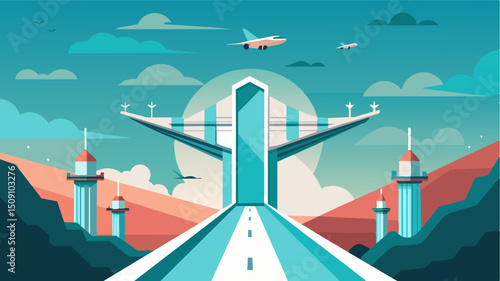 A futuristic bridge serving as a runway for swarms of eVTOLs its advanced design and construction allowing for seamless integration with aerial traffic.. Vector illustration