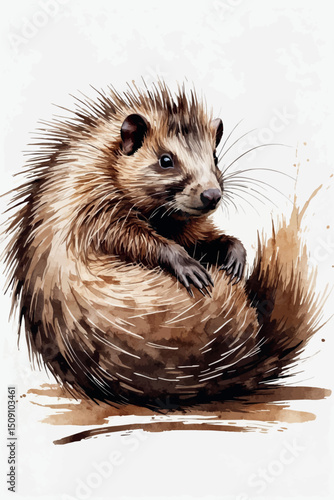 Porcupine watercolor vector in curled defensive pose