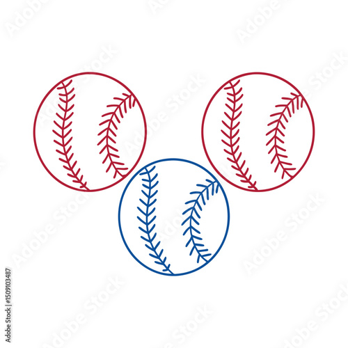 Three baseballs in red and blue, a graphic design.