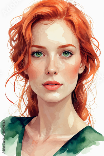 Watercolor redhead woman vector portrait with green eyes