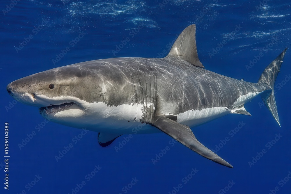 Naklejka premium In the blue ocean, a Great White Shark is shown through underwater photography, hunting and lurking near the surface of the water