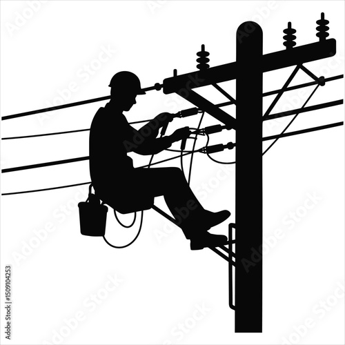 Silhouette of electrician working on power lines