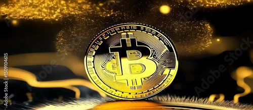 Vibrant bitcoin coin spinning and stabilizing amidst glowing particles