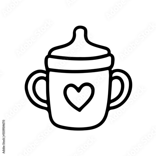 Heart baby sippy cup vector icon. Adorable minimalist black and white design, perfect for parenting, baby shower, and childcare themes. Easy-to-use in digital and print projects.