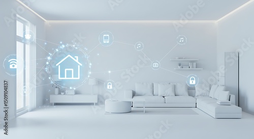 smart home symbol with double exposure overlay of modern interior devices and network tech