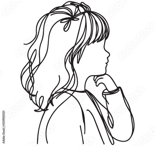 Black and White Line Art Drawing of Pensive Young Girl in Profile, Thinking Child Illustration