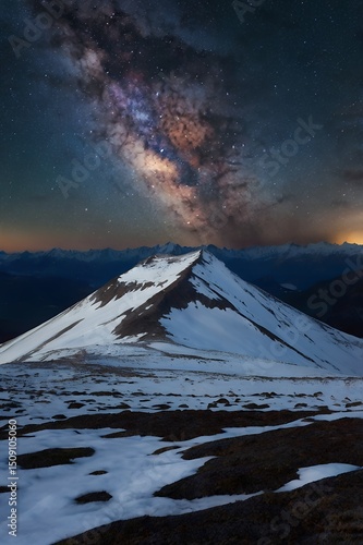 The Milky Way galaxy over the snow-capped Cotopaxi Volcano, Ecuador
