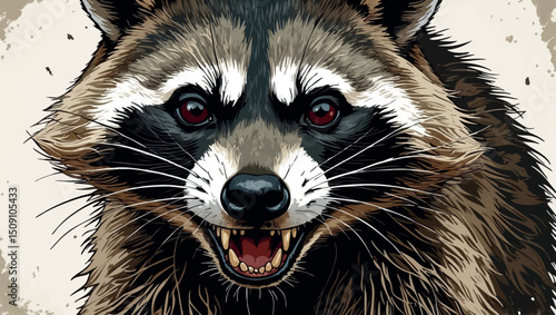 Vector graphic of a wild aggressive raccoon in engraving style