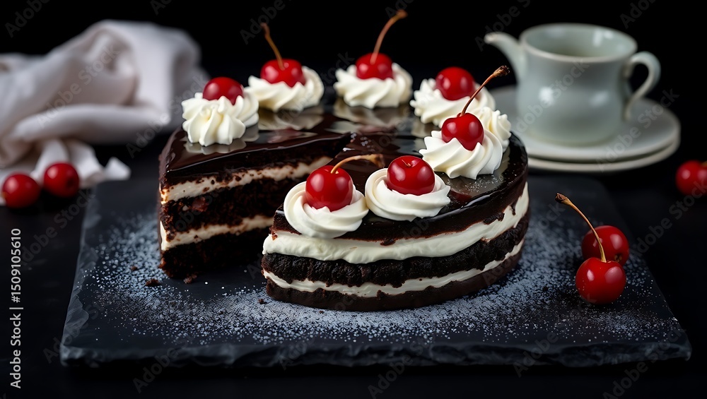 Black Forest cake on a slate serving tray, rich textures of chocolate, whipped cream, and cherries clearly visible, dark moody lighting, minimal props Black Forest cake on a slate serving tray, rich textures of chocolate, whipped cream, and cherries clearly visible, dark moody lighting, minimal props