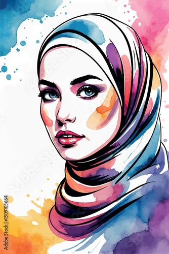 Watercolor vector portrait of woman in headscarf bold tones