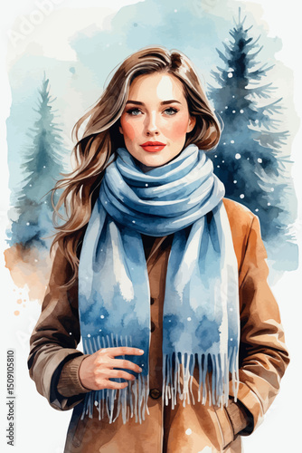 Watercolor portrait of woman in scarf winter vector style